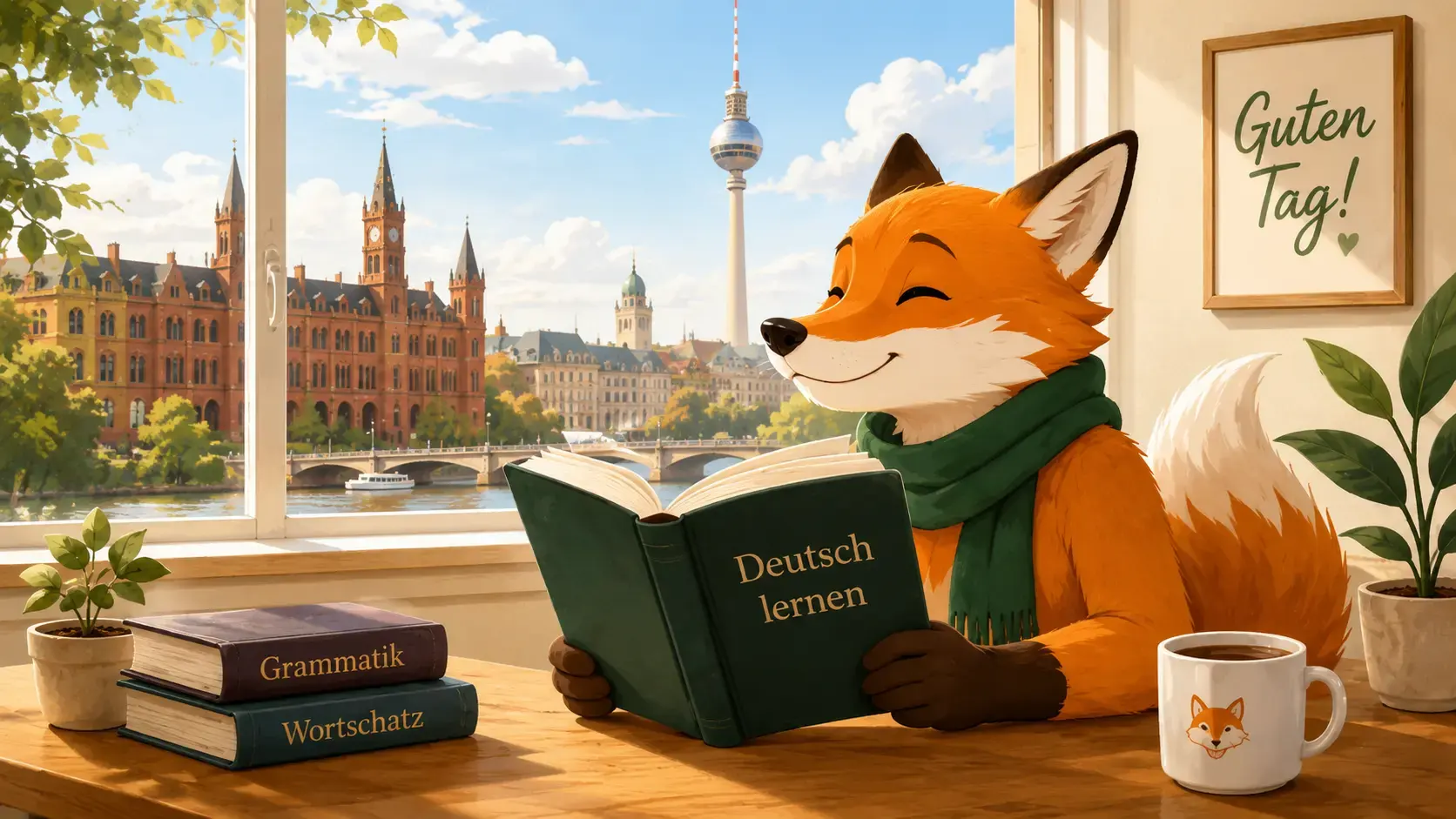 A fox reading a German learning book by a window overlooking Berlin